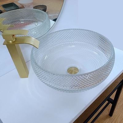 明確なガラス容器の洗面器の水晶の円形の功妙な10インチの容器の流しのカウンタートップ