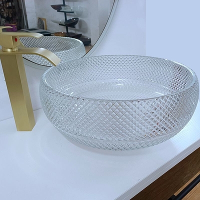 明確なガラス容器の洗面器の水晶の円形の功妙な10インチの容器の流しのカウンタートップ