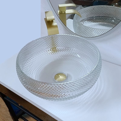 明確なガラス容器の洗面器の水晶の円形の功妙な10インチの容器の流しのカウンタートップ