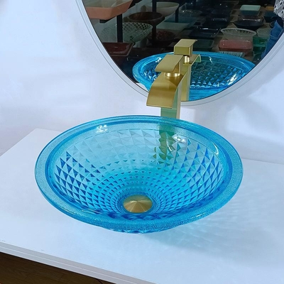 功妙で青い容器の浴室は海洋の水晶の丸型虚栄心の流しを沈める