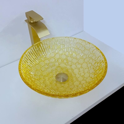 円形は水晶洗面器の控えめなガラス12mm現代金の黄色にラッカーを塗った