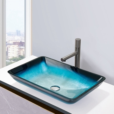 勾配の青い緩和されたBathの洗面器のガラス・ボールの長方形のテーブルの上の固体
