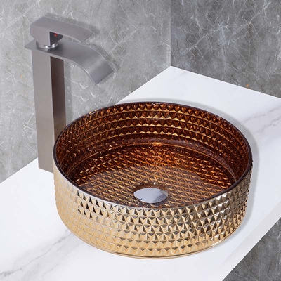 キッチンカウンタートップは電気メッキコーティング英国ゴールドカラーのガラス洗面器を取り付けました